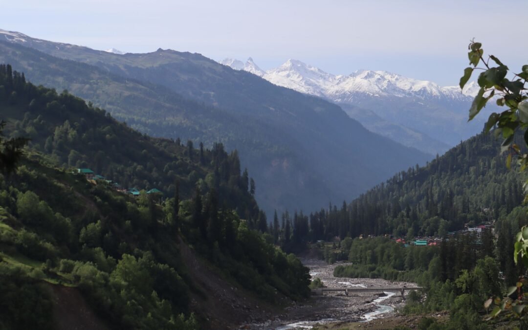 Beautiful mountain landscape with river in Manali, Himachal Pradesh.