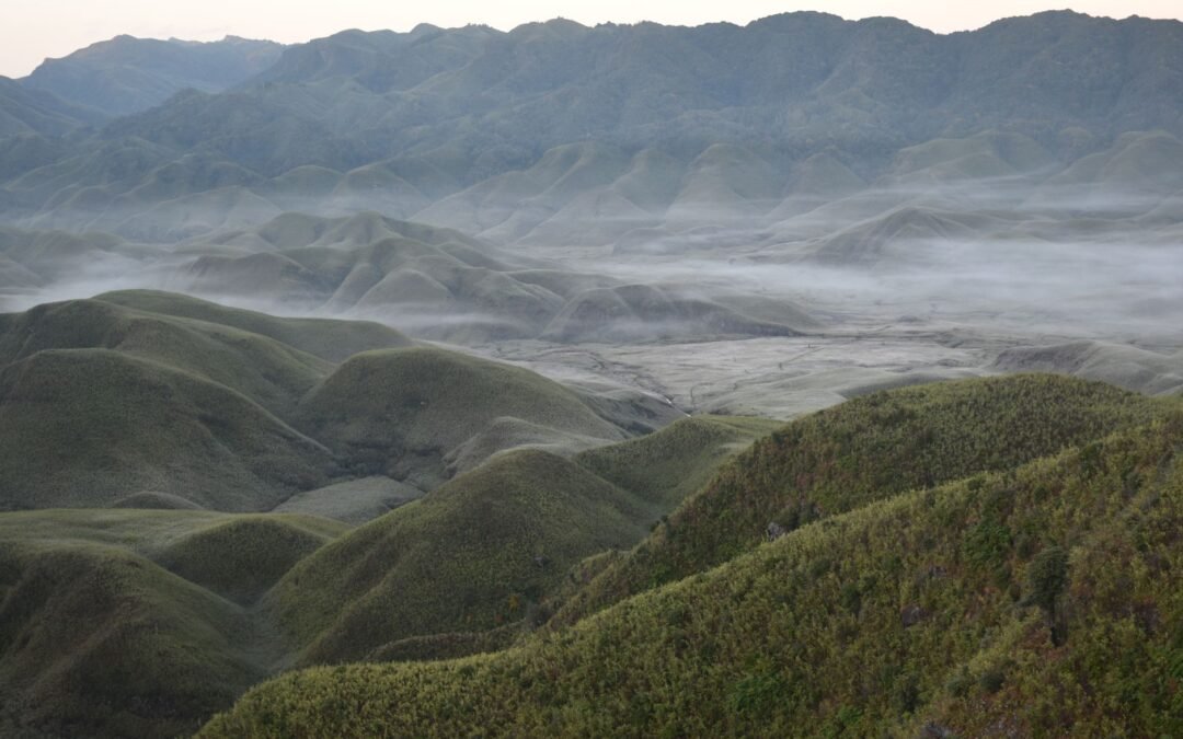 Breathtaking view of fog-laden rolling hills and valleys in Dzukou Valley, showcasing nature's tranquility.